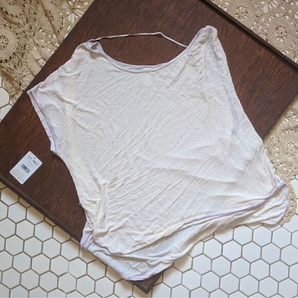NEW Free People Cold Shoulder White Lilac Trim Assymetric Shrug Top - Picture 2 of 3